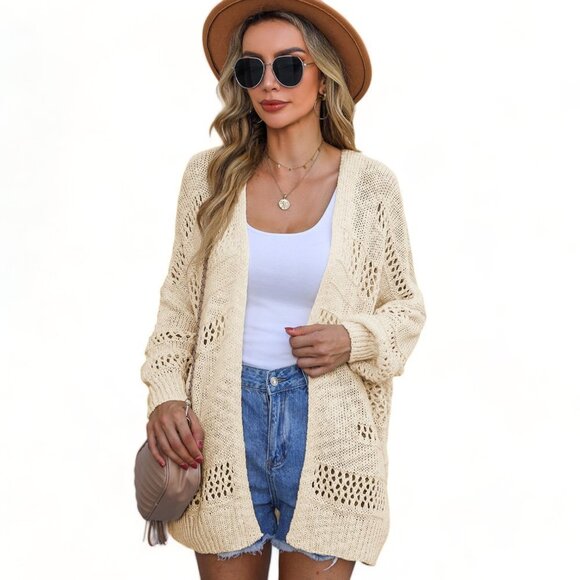 Cream Casual Hollowed Knit Dolman Sleeve Cardigan - Picture 5 of 11